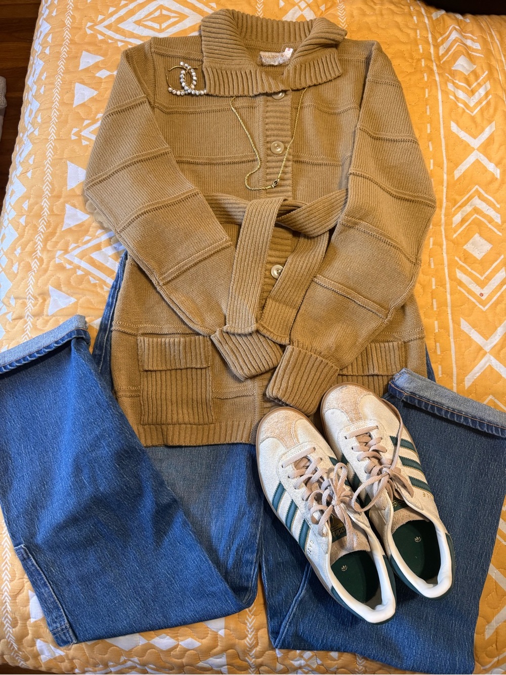 Shawl Collar Belted Cardigan Sweater - Camel